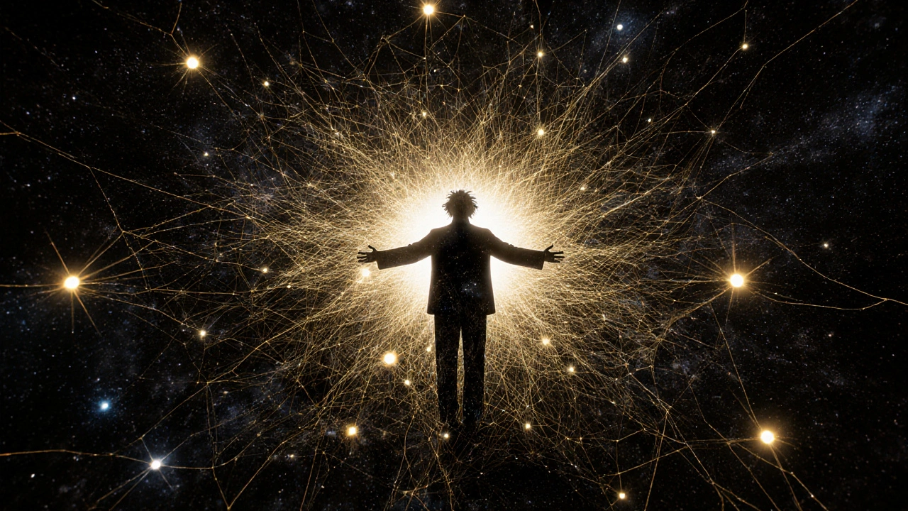 Абстрактная сеть света соединяет атомы и галактики, Эйнштейн в центре.