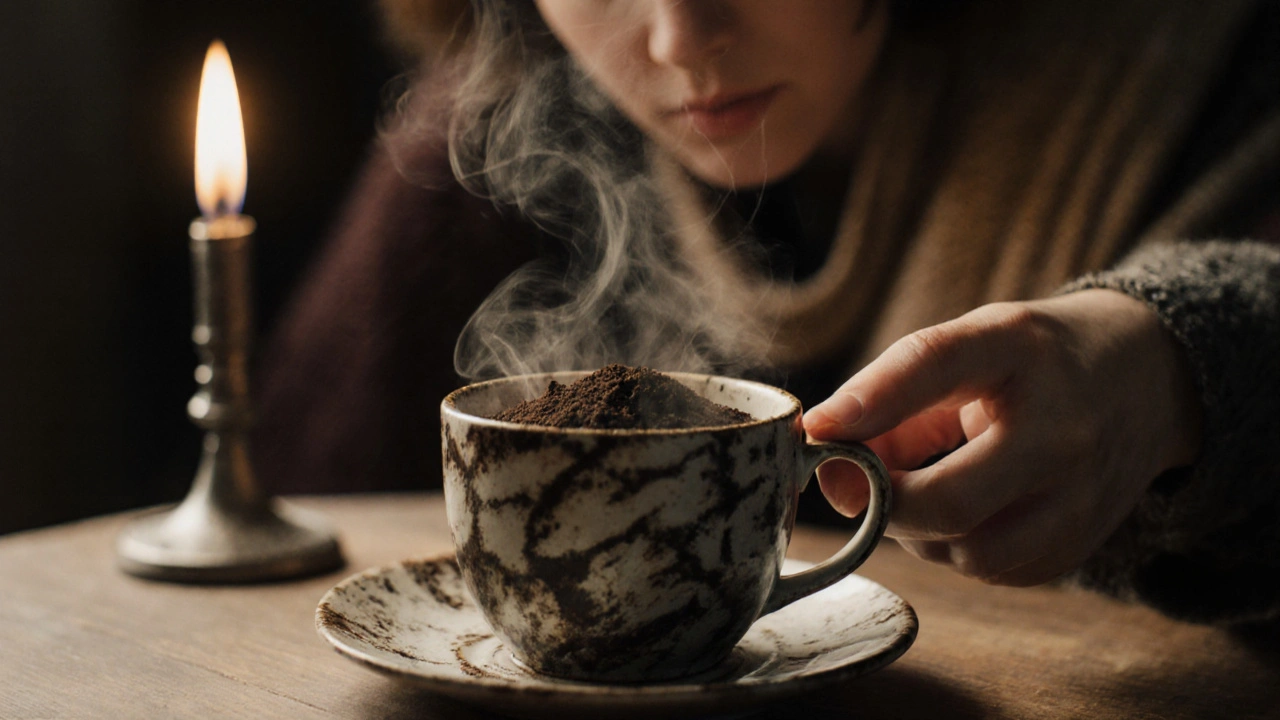 Кофейная гуща в чашке с рукой над ней, в туманном освещении, создавая ощущение проекции смысла.