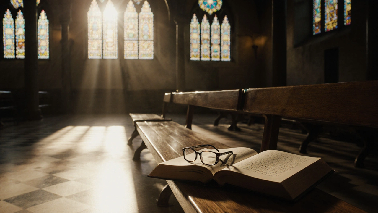 Пустая синагога утром, на скамье — очки и книга с физическими уравнениями.