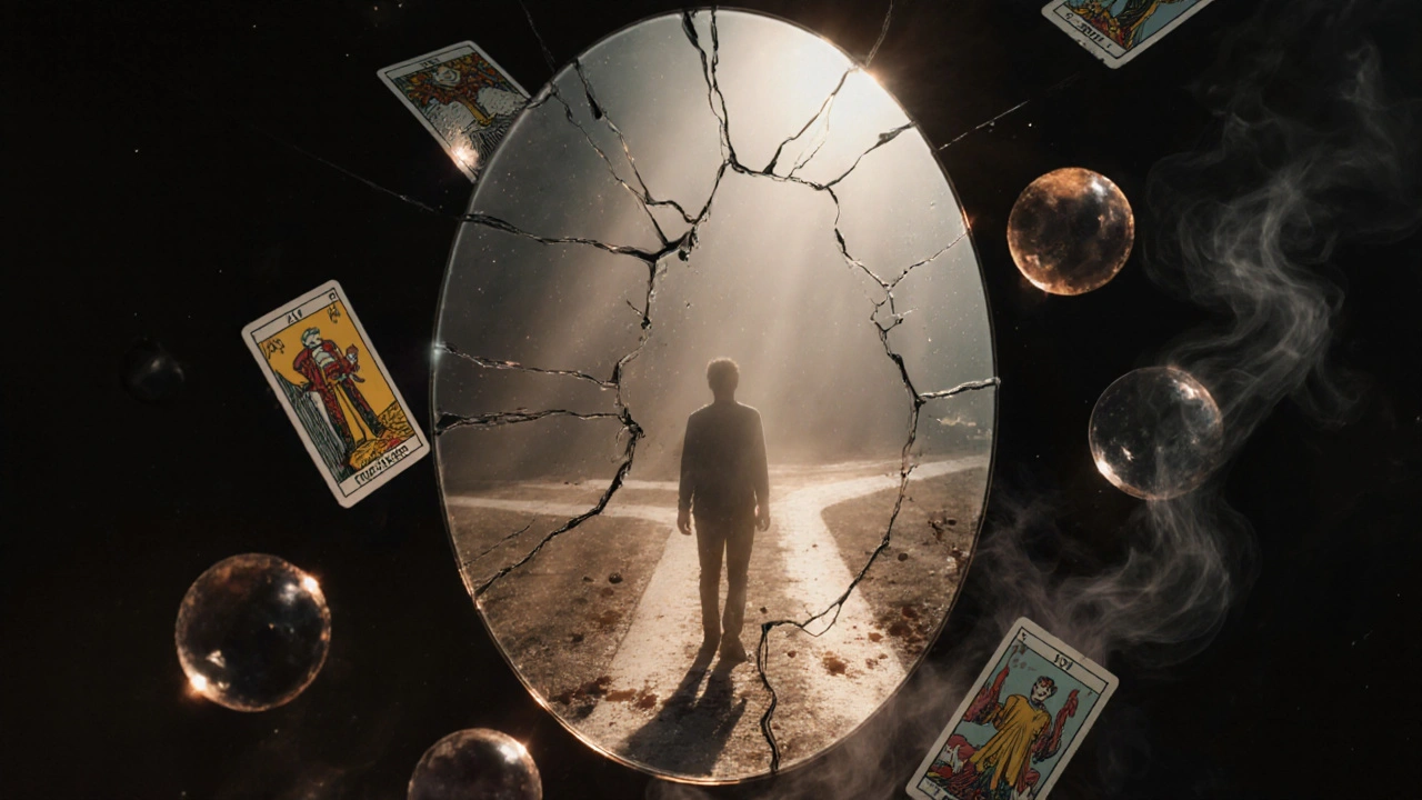 Разбитое зеркало отражает человека на перекрестке, вокруг — символы гадания, растворяющиеся в дыму.